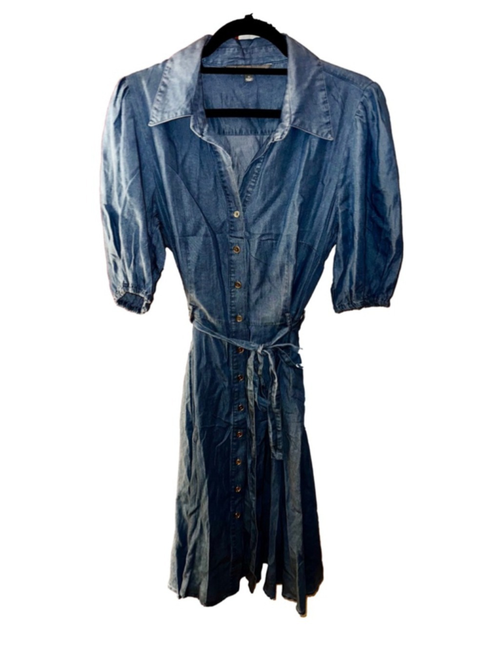 Sharagano Chambray Shirt Dress Button Front Tie Waist Blue Midi Size 10 - Picture 2 of 7